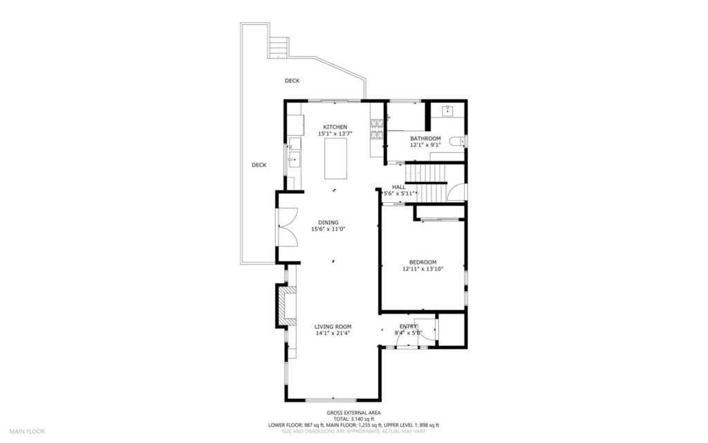 Floor plan of a single-story home featuring a living room, dining area, kitchen with two decks, one bedroom, a bathroom, and an entry area.