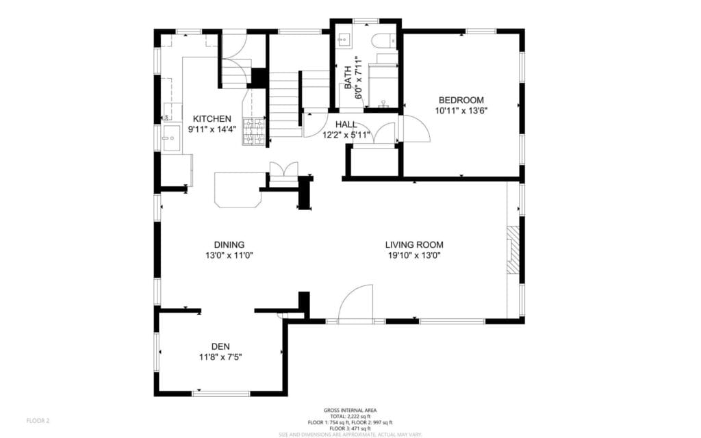 Black and white floor plan of a home featuring a kitchen, dining area, living room, den, bedroom, and bathroom. The layout includes dimensions for each room and a central hallway.