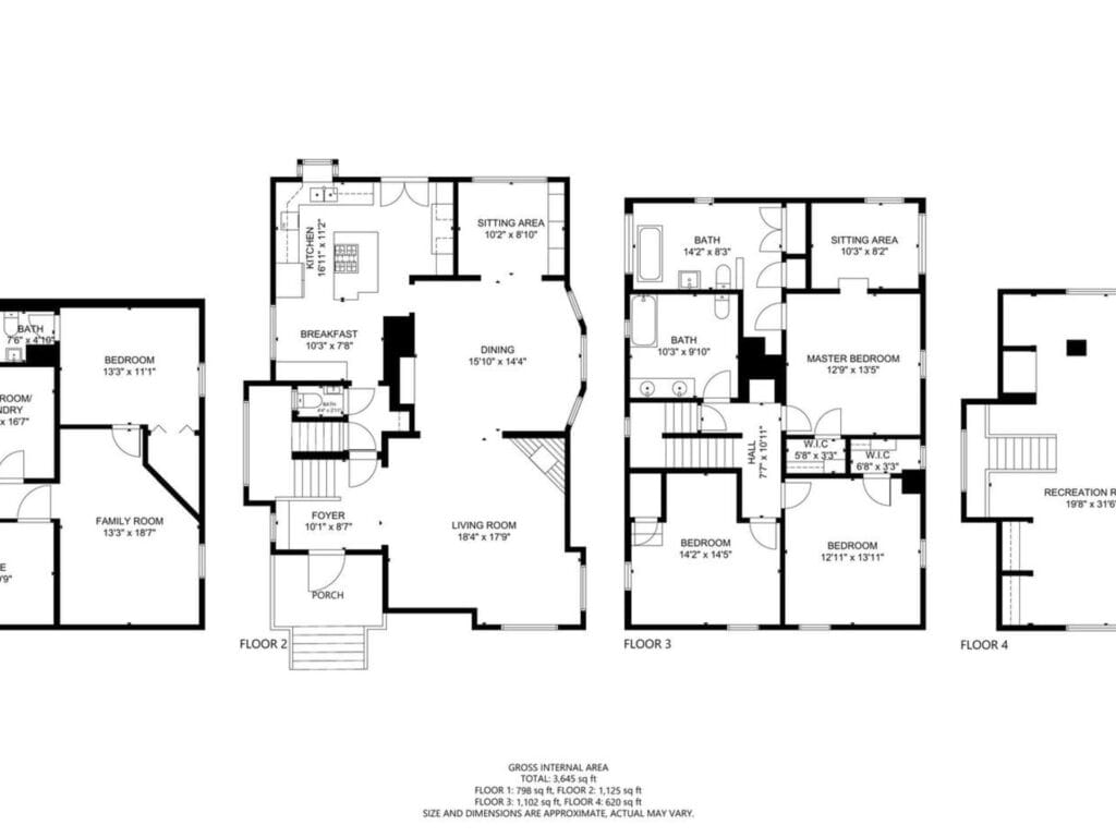 Black and white floor plan layout of a multi-story house, showing rooms labeled as bedroom, family room, dining, living room, kitchen, bathrooms, sitting area, master bedroom, and recreation room across four floors. Measurements are included.