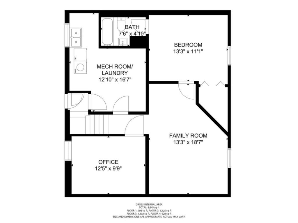 A floor plan shows a layout with a bedroom, family room, office, bathroom, and a combined mechanical room/laundry area. Room dimensions are provided, with the bathroom as the smallest space. Doors and pathways between rooms are indicated.