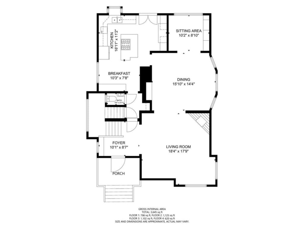 Black and white floor plan of the first floor, showing a porch, foyer, breakfast area, kitchen, dining room, sitting area, and living room. Dimensions are included for each room.