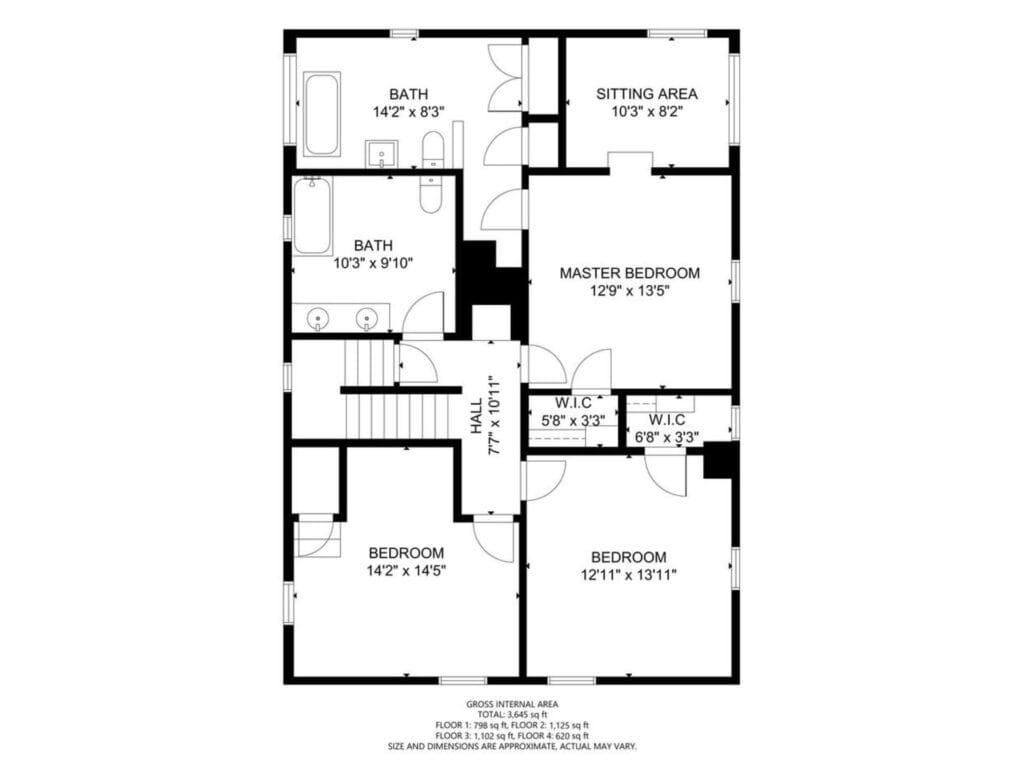 A floor plan showing three bedrooms, a sitting area, two bathrooms, a hallway, and two walk-in closets. Measurements for each room are provided in feet and inches. The layout includes a master bedroom with an attached bath and sitting area.
