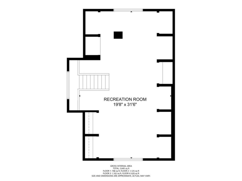 Floor plan of a rectangular recreation room measuring 198 inches by 316 inches. It features a staircase on one side and several small, evenly spaced rectangles along the walls, possibly windows or doors. The space is open and unobstructed.