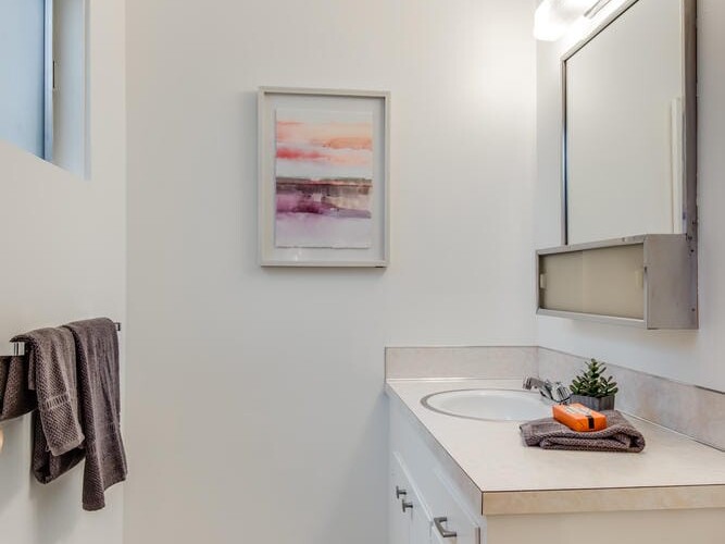 A modern bathroom in Portland, Oregon, features white walls and a sleek vanity countertop. An inset sink with an orange soap dish complements the decor. A towel hangs neatly on a rack beneath framed abstract artwork, all illuminated by a stylish wall-mounted light.