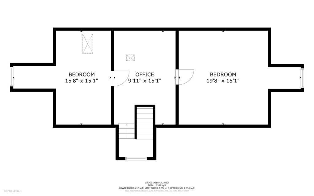 Floor plan of an upper level showing two bedrooms and an office. The first bedroom measures 158 x 151, office measures 911 x 151, and the second bedroom measures 198 x 151. Stairs lead to this level.
