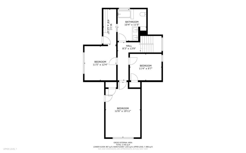 Floor plan of a houses upper level. It includes three bedrooms, a hall, a bathroom, and stair access. The bedrooms dimensions are provided.