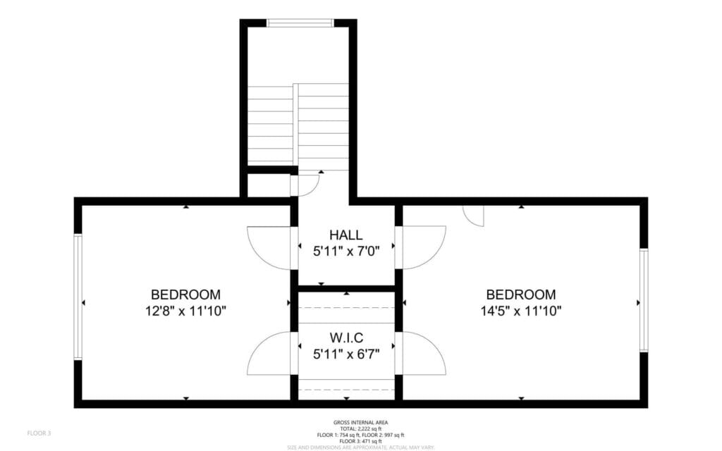 Floor plan showing the third floor layout with two bedrooms, a hall, and a walk-in closet. Dimensions are marked: Bedroom 1 is 128 x 1110, Bedroom 2 is 145 x 1110, hall is 511 x 70, and W.I.C is 511 x 67.