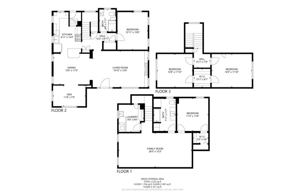 Floor plan of a three-level house. Floor 1 includes a family room, bathroom, and laundry. Floor 2 has a kitchen, dining, living room, den, bedroom, and bathroom. Floor 3 consists of three bedrooms, two bathrooms, and two walk-in closets.