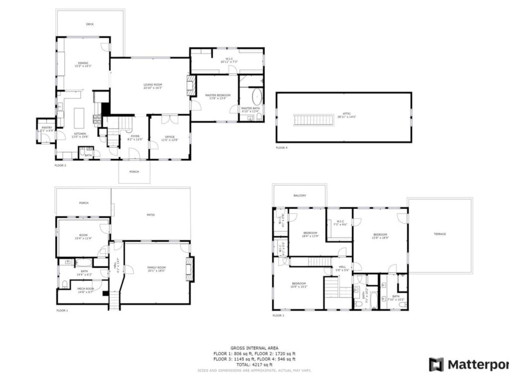 Black and white floor plan of a two-story residential building. It features rooms like bedrooms, bathrooms, kitchen, living areas, and a garage. Each room is labeled with dimensions. The layout includes a terrace and porch. Matterport logo in the corner.