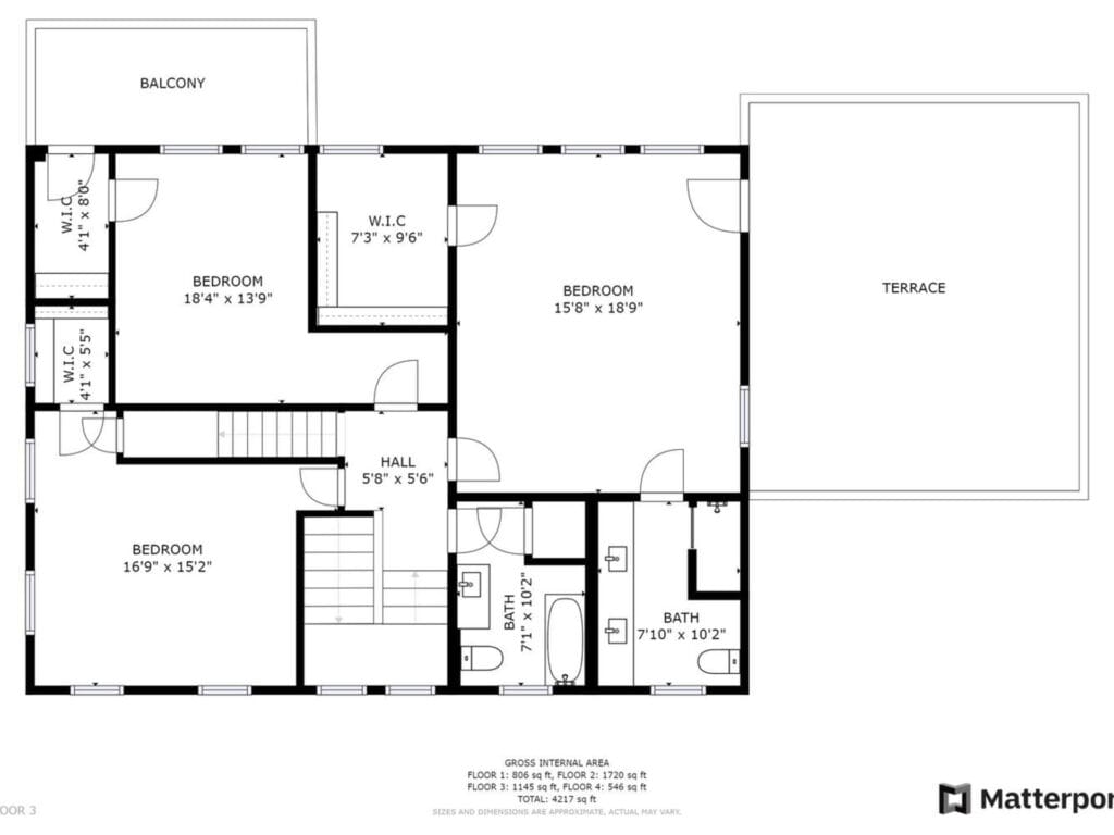 Floor plan showing three bedrooms, each labeled with dimensions. There are two bathrooms, a walk-in closet, a terrace, and a balcony. A hall connects the rooms, and a stairway is located centrally. Matterport branding is visible at the bottom.