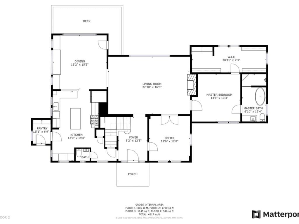 Black and white floor plan of a house showing a deck, dining room, living room, kitchen, pantry, foyer, office, two bedrooms, and bathrooms. Dimensions for each room are included.