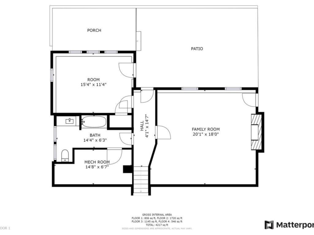 Floor plan showing a layout with a porch, patio, room measuring 154 x 114, family room measuring 201 x 180, bathroom, mechanical room, and hall. The image includes dimensions and labels for each space. Matterport logo is in the bottom right corner.