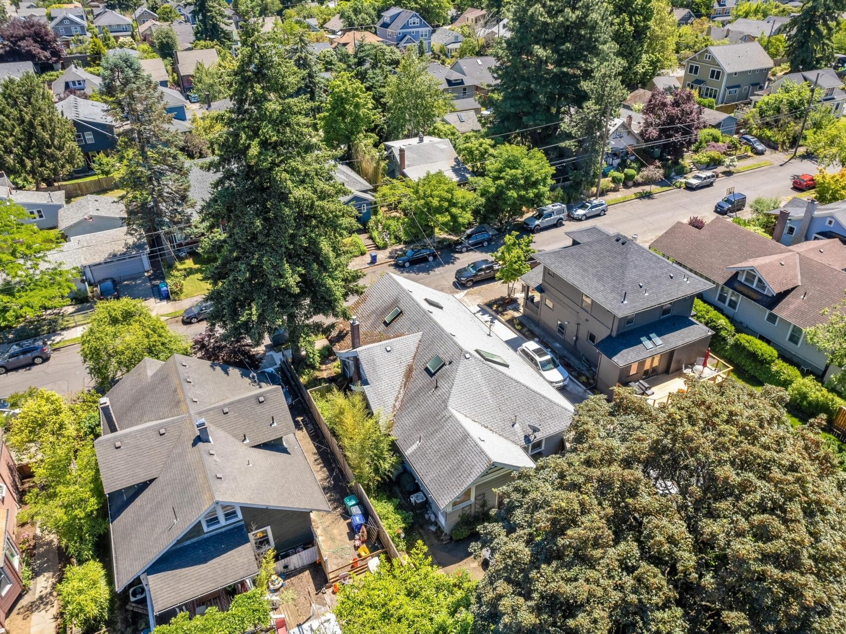 Aerial view of a suburban neighborhood featuring tree-lined streets and houses with various roof styles. The area is lush with greenery, and cars are parked along the quiet streets. A mix of modern and traditional architecture is visible.