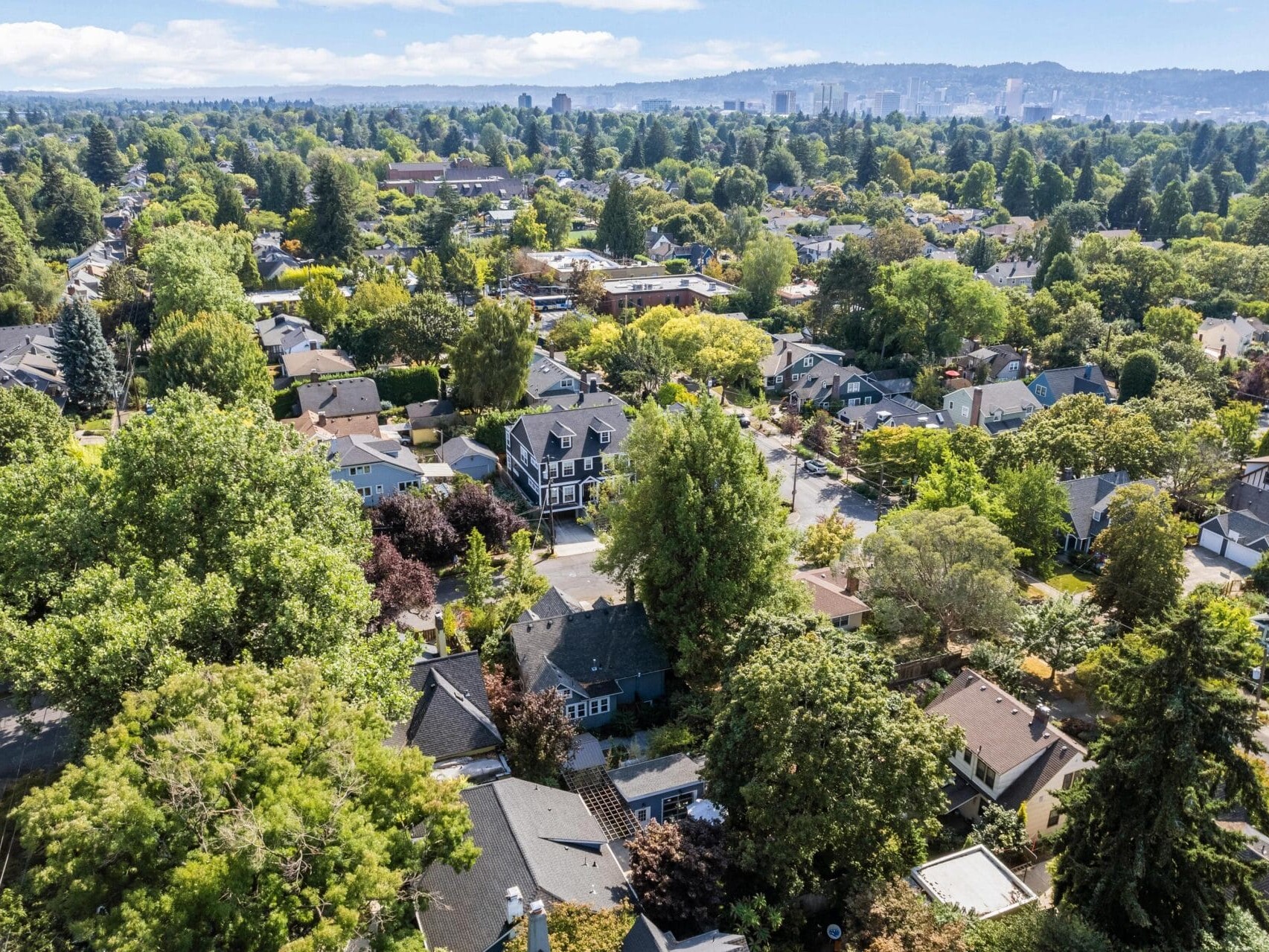 Aerial view of a suburban neighborhood with tree-lined streets and houses surrounded by greenery. In the distance, a city skyline with high-rise buildings is visible under a partly cloudy sky.