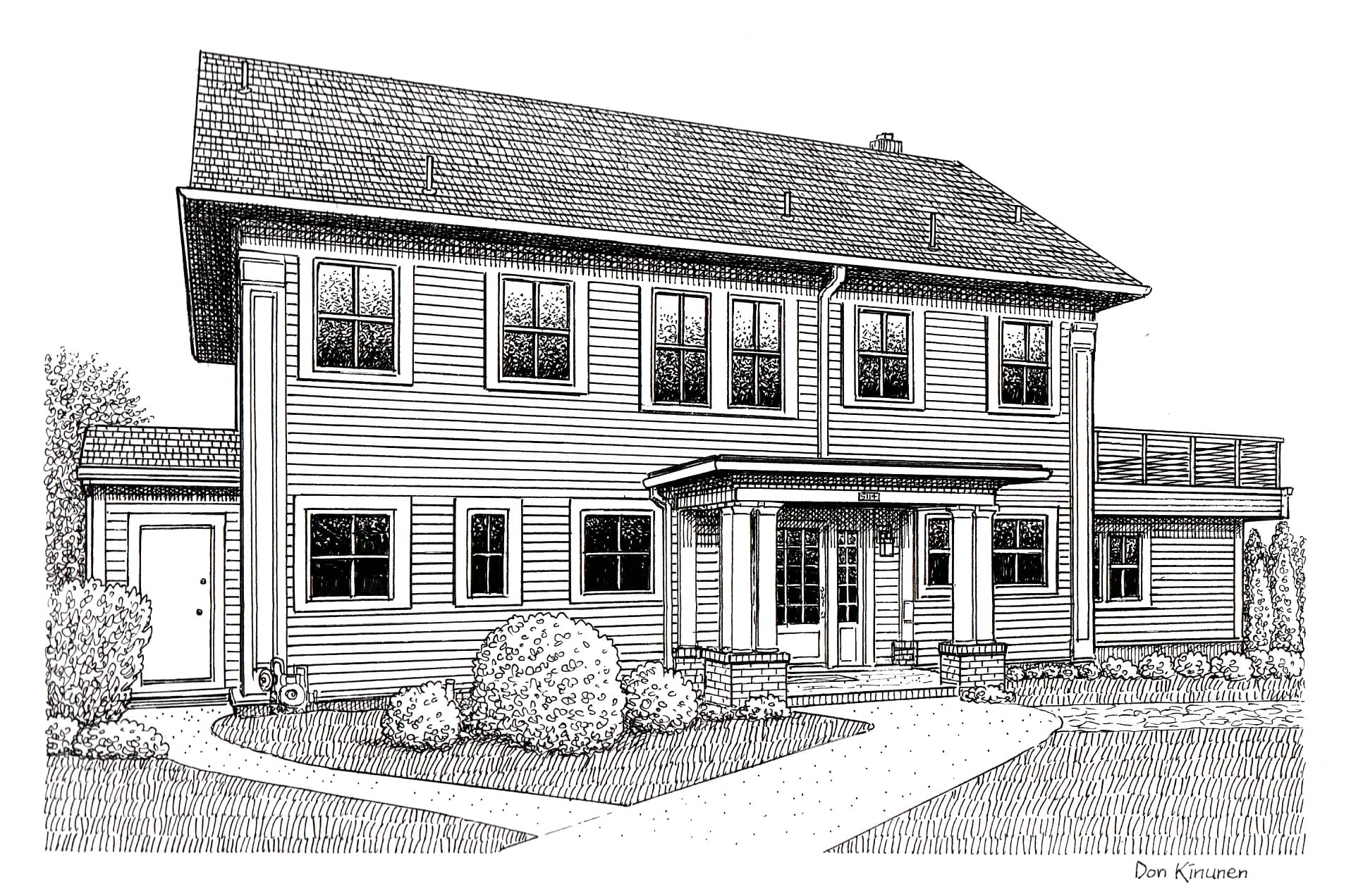 A detailed black and white drawing of a two-story house with a gabled roof. It has multiple windows, a central door with a porch supported by columns, and surrounding bushes and grass. Pathways lead to the entrance.