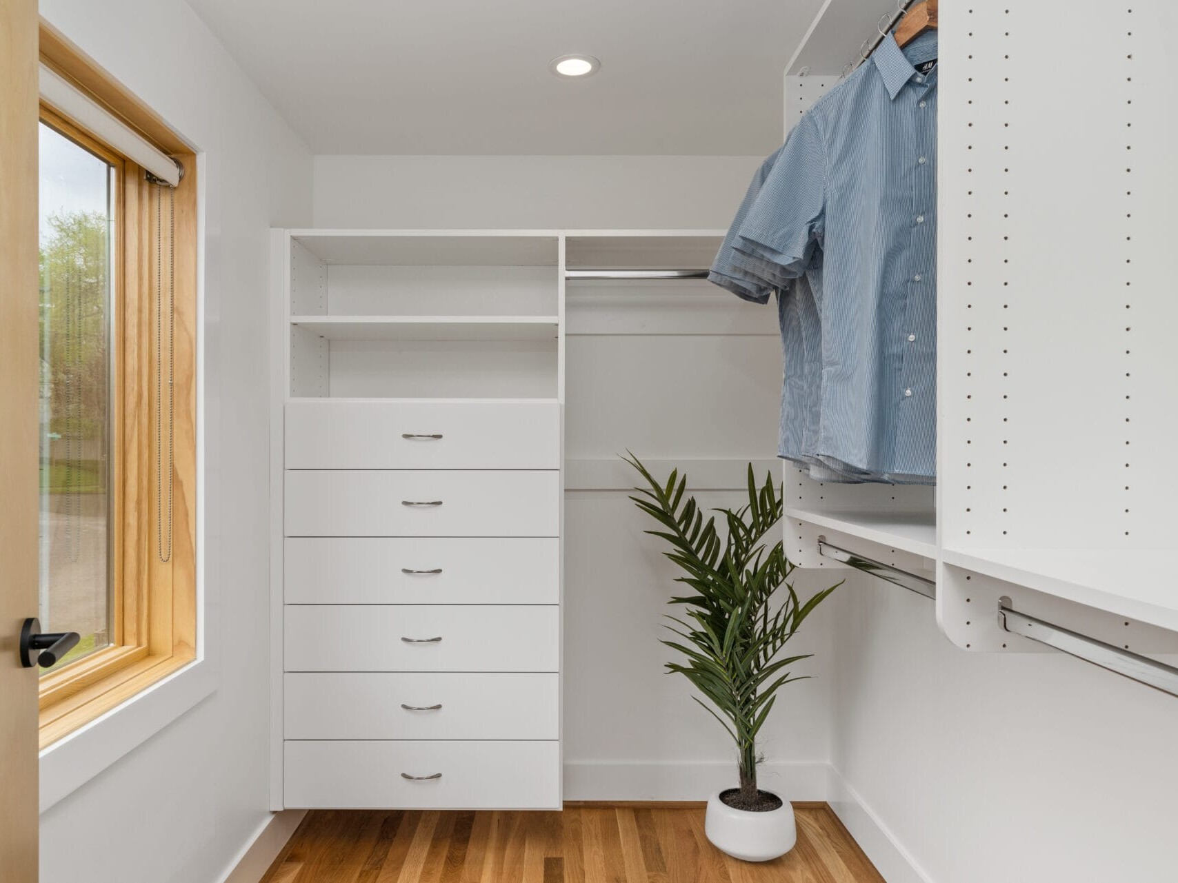 A minimalistic walk-in closet in a Portland, Oregon home features white shelves and drawers. A blue shirt hangs on a rail, while a potted plant rests on the wooden floor near a window, inviting light to stream in.