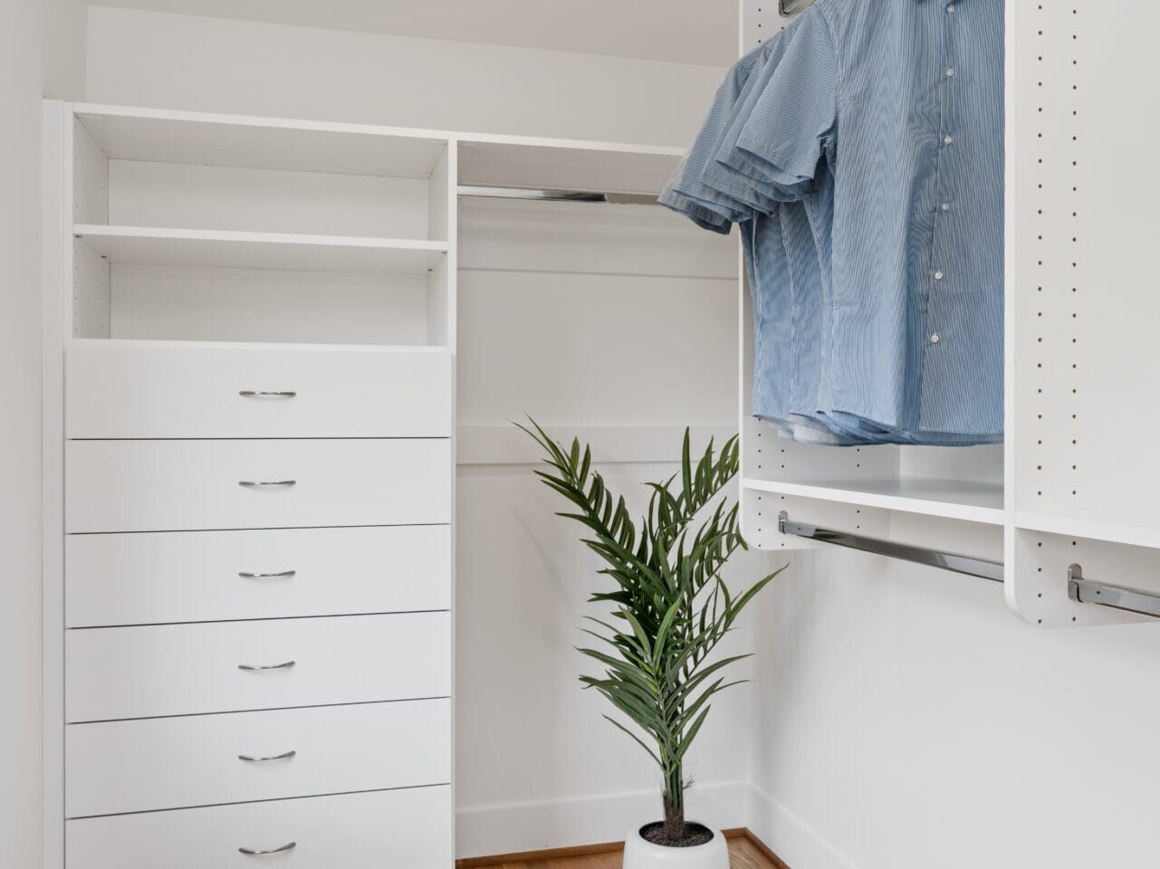 A minimalist closet in Portland, Oregon, with a wooden floor features white drawers and shelving. A single blue shirt hangs on a rod, while a green potted plant sits on the floor, adding a touch of nature to the tidy space.