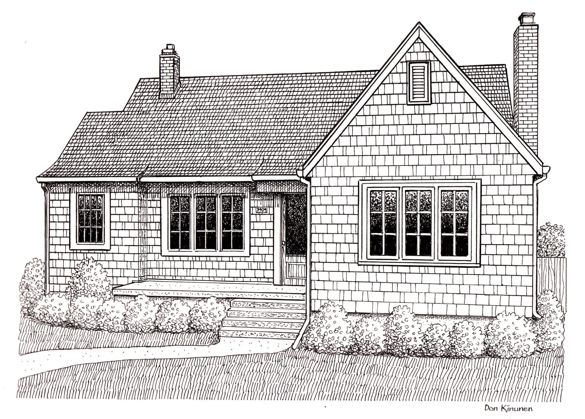 Black and white illustration of a house with a shingled exterior, multiple windows, and two chimneys. The front yard features bushes and a curved walkway leading to steps and a small porch. The roof is hipped with detailed shingles.