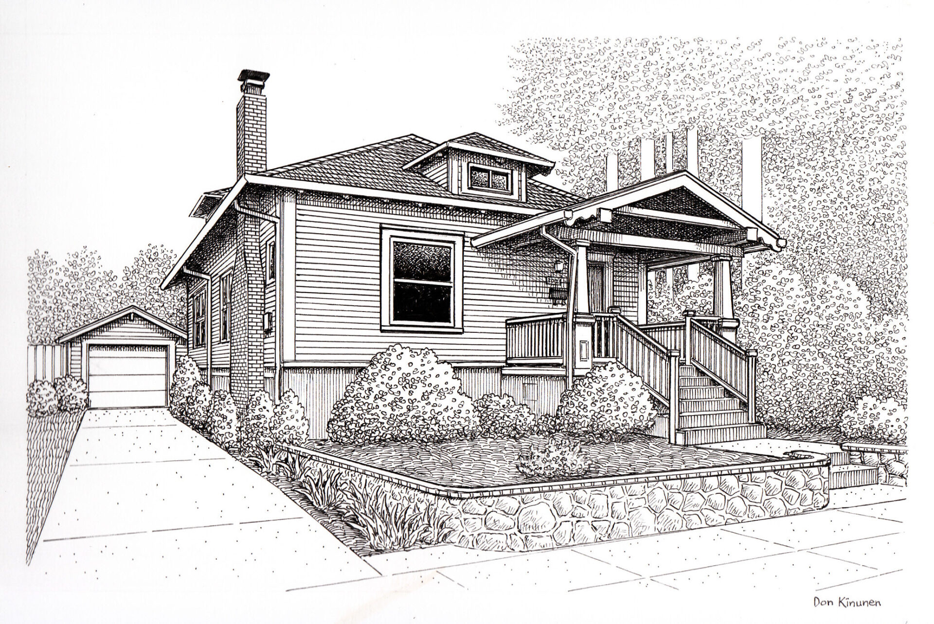 Black and white illustration of a single-story house with a porch, chimney, and stone front wall. A driveway leads to a detached garage. Shrubs and plants decorate the yard.