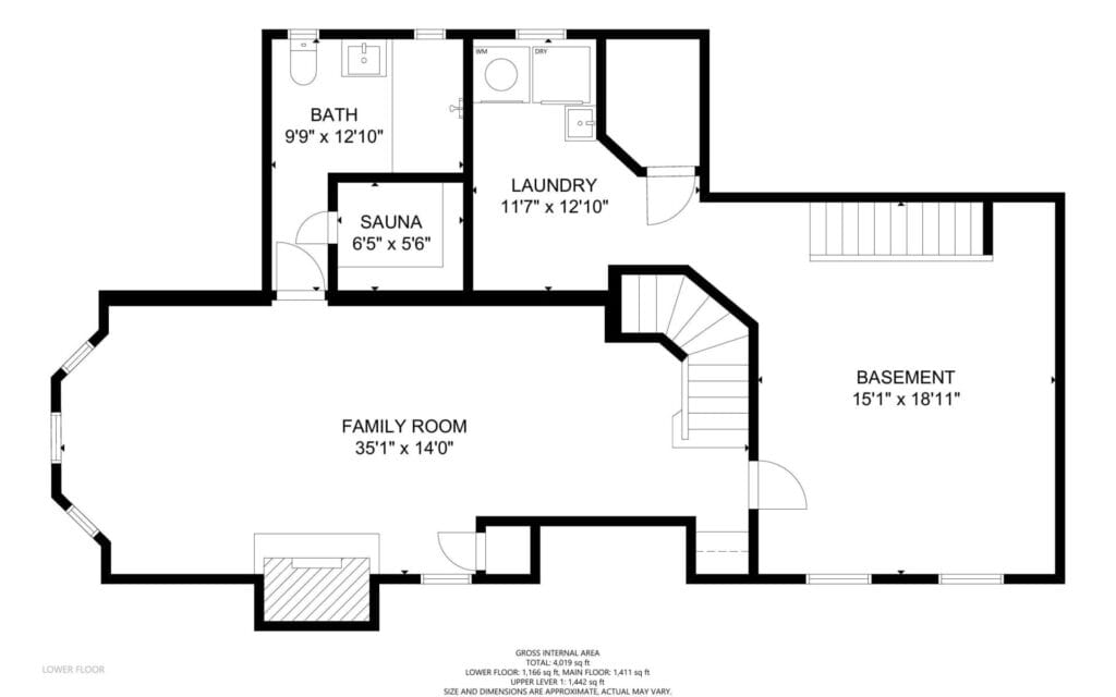 Floor plan of a lower level with a family room, bathroom, laundry, sauna, and basement. The family room is 351 x 140, the bath is 99 x 1210, and the basement is 151 x 1811. Includes a staircase and labeled measurements.