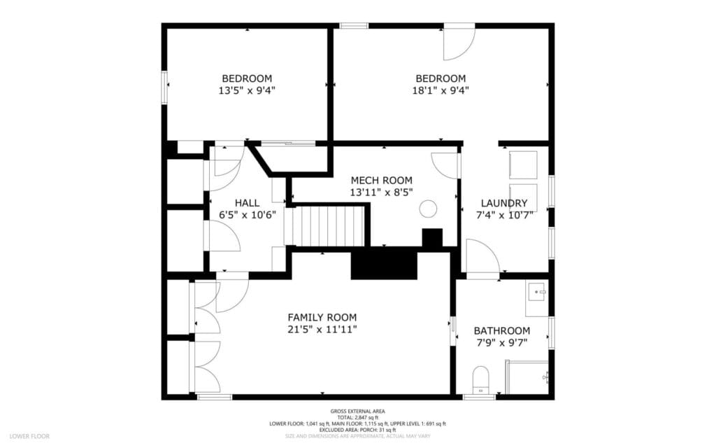 Floor plan of a lower level featuring two bedrooms, a family room, bathroom, laundry area, mechanical room, and hall. Room dimensions and layout are clearly labeled.