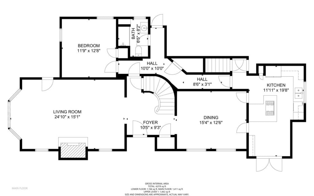 Floor plan of a main level, featuring a bedroom, living room, dining area, kitchen, bathroom, foyer, and hall with stairs. Dimensions are labeled for each room, and doorways connect the various spaces.