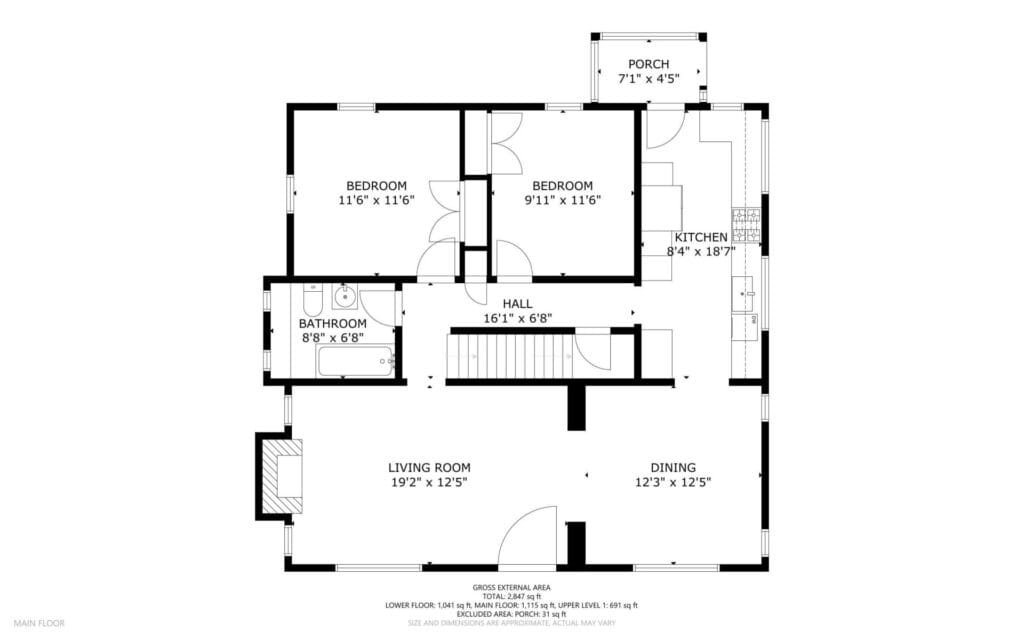 A black-and-white floor plan of a house showing a living room, dining area, kitchen, bathroom, two bedrooms, hall, and porch. Measurements for each room are provided, with a central staircase leading to another level.