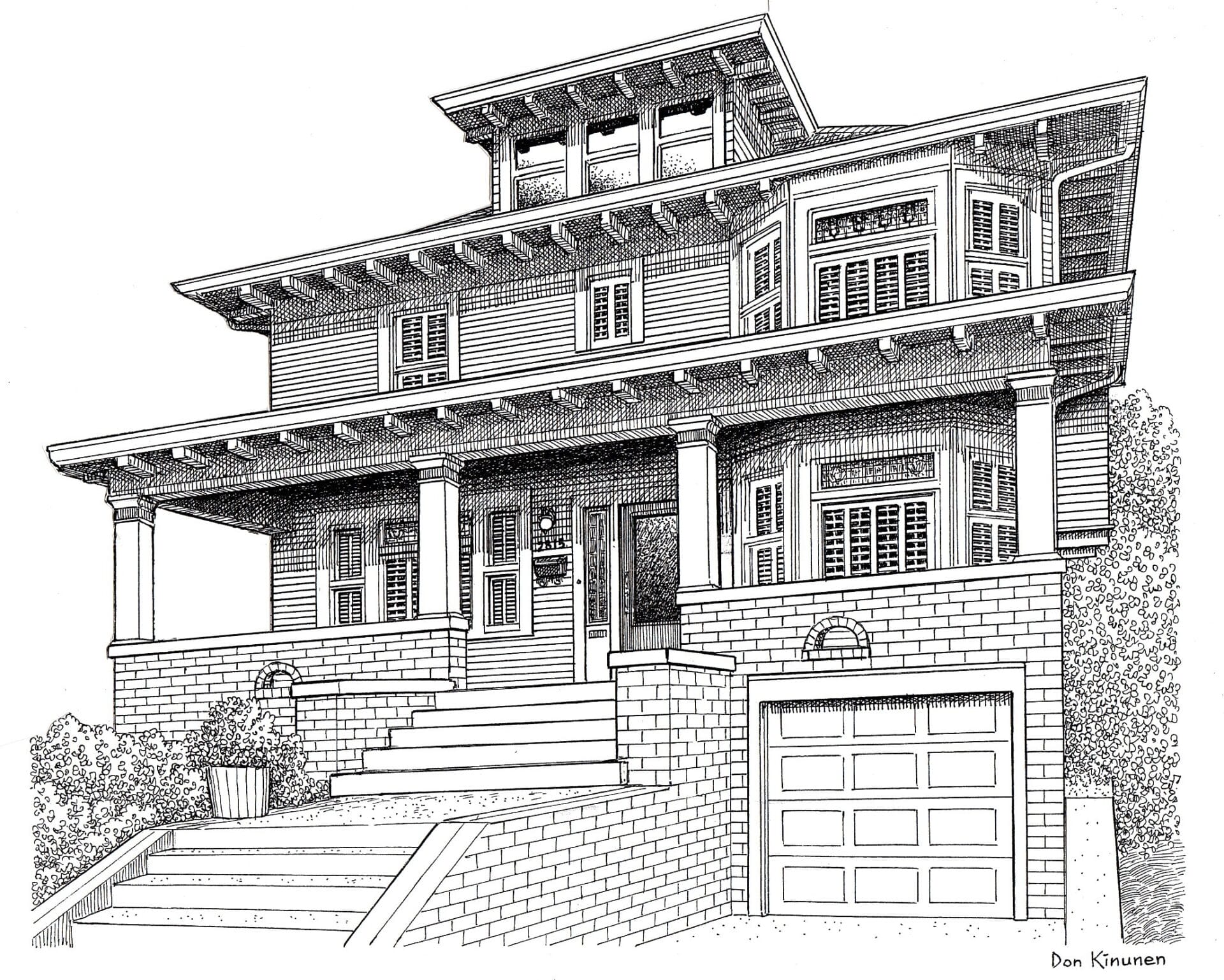 A detailed black and white illustration of a two-story house with a covered porch, multiple windows, and a brick staircase leading to the entrance. A garage is on the right side. The house features intricate architectural details.