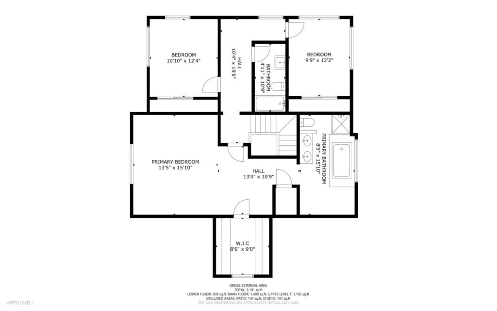 Floor plan illustrating an upper level with three bedrooms, one bathroom, a walk-in closet, and a hall. The primary bedroom is 13’3” x 15’7”, while the other two bedrooms are 10’0” x 12’0” and 9’9” x 12’2”. Includes a closet and staircase area.