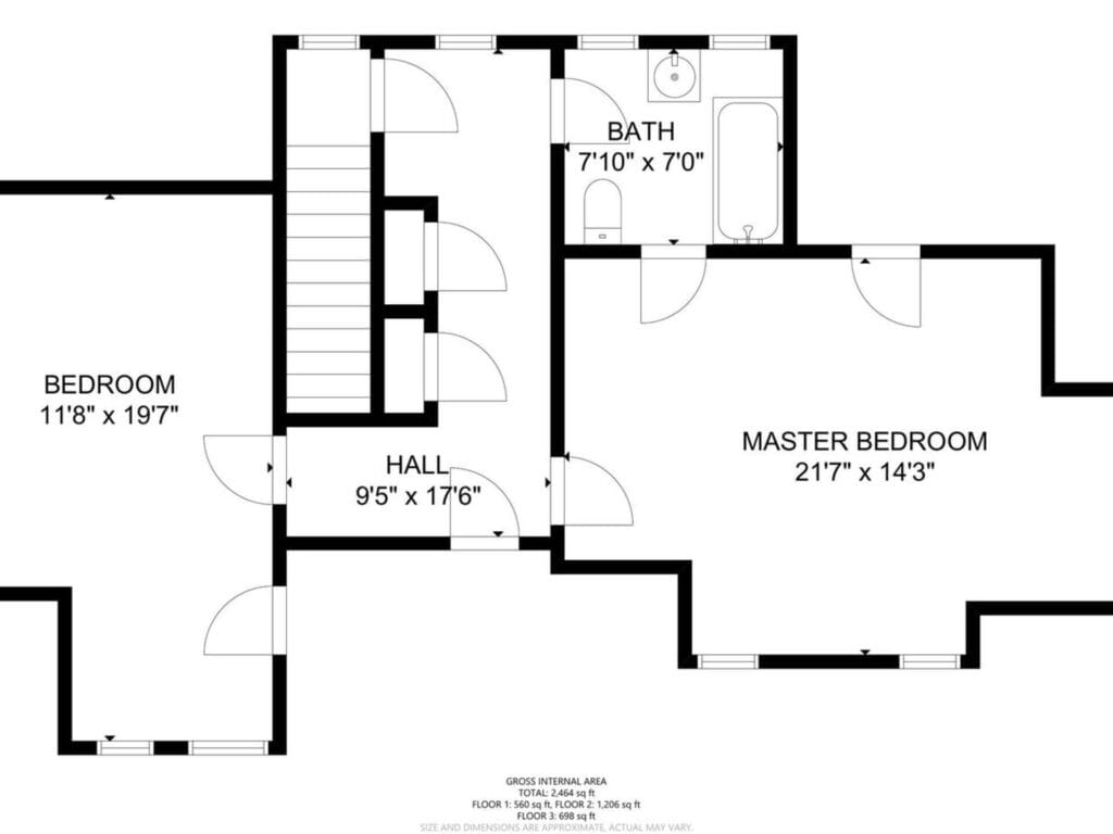 Floor plan showing a hallway leading to a bath, a master bedroom, and a bedroom. The bath is 710 x 70, the master bedroom is 217 x 143, the bedroom is 118 x 197, and the hall is 95 x 176.