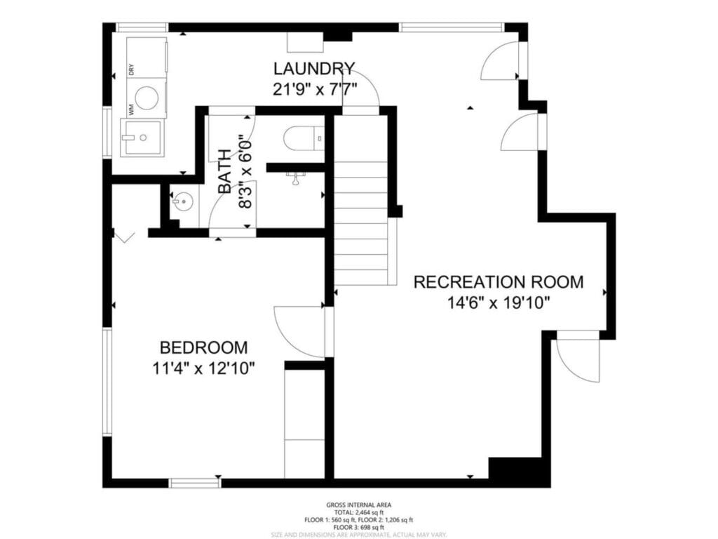 Floor plan showing a bedroom (114 x 1210), bathroom (83 x 60), laundry room (219 x 77), and a recreation room (146 x 1910). Includes a staircase and labeled dimensions for each room.
