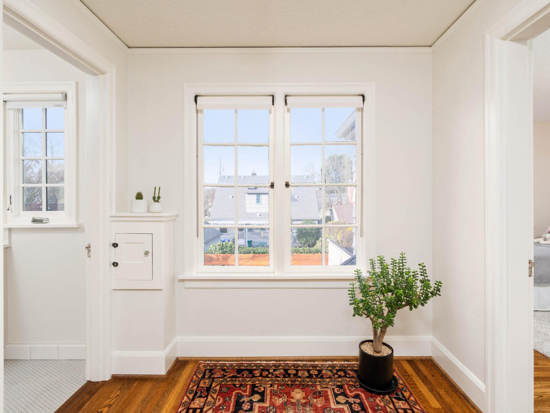 Bright hallway with a large window providing natural light. A potted plant is placed on a colorful rug on the wooden floor. White walls and ceiling create a clean, airy atmosphere. A small shelf with succulents is mounted on the left wall.