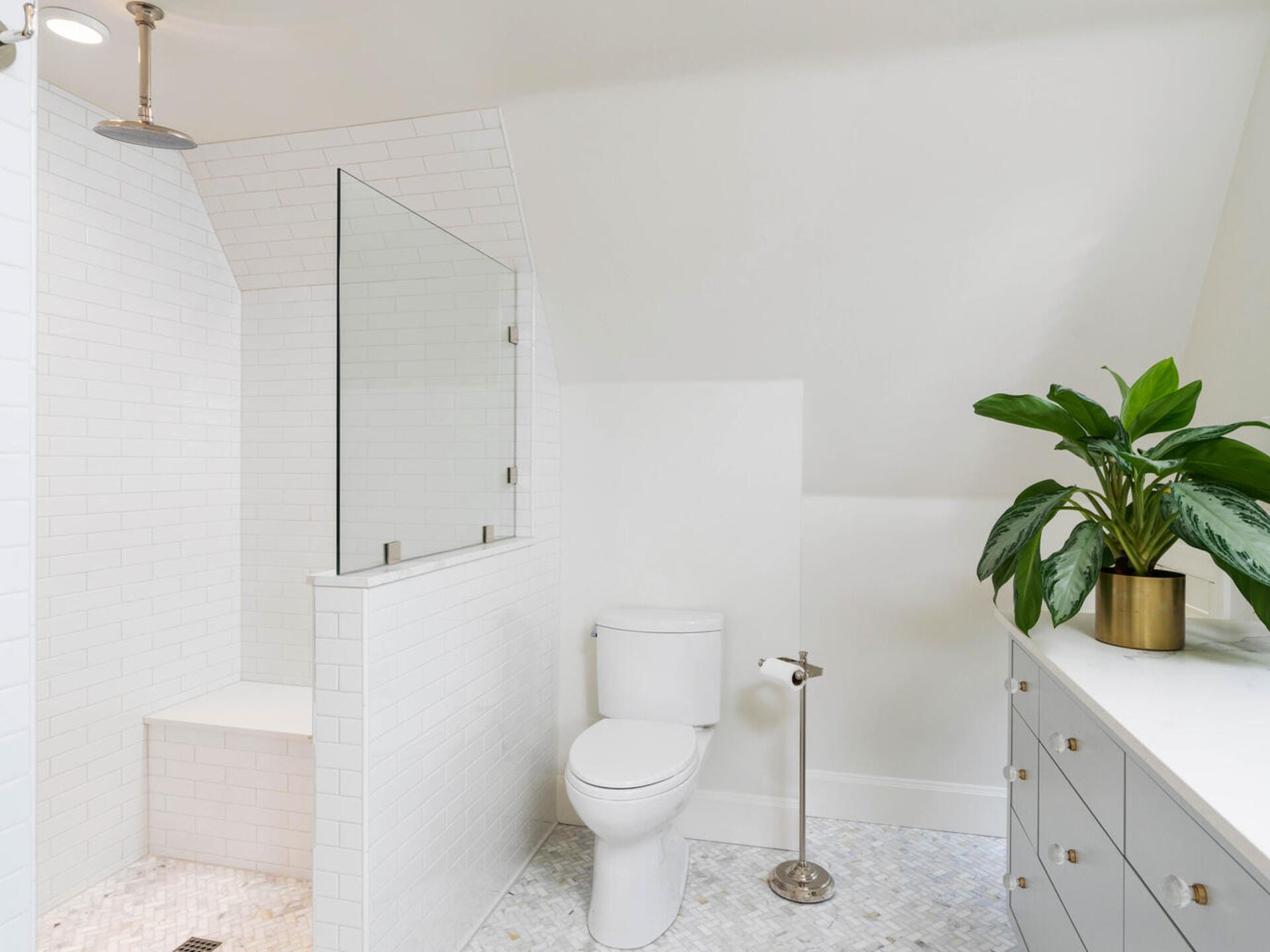 A modern bathroom with white subway tile walls features a glass-door shower, a toilet, and a marble-topped vanity. A green potted plant adds a touch of color next to the vanity. The floor is covered in small hexagonal tiles.