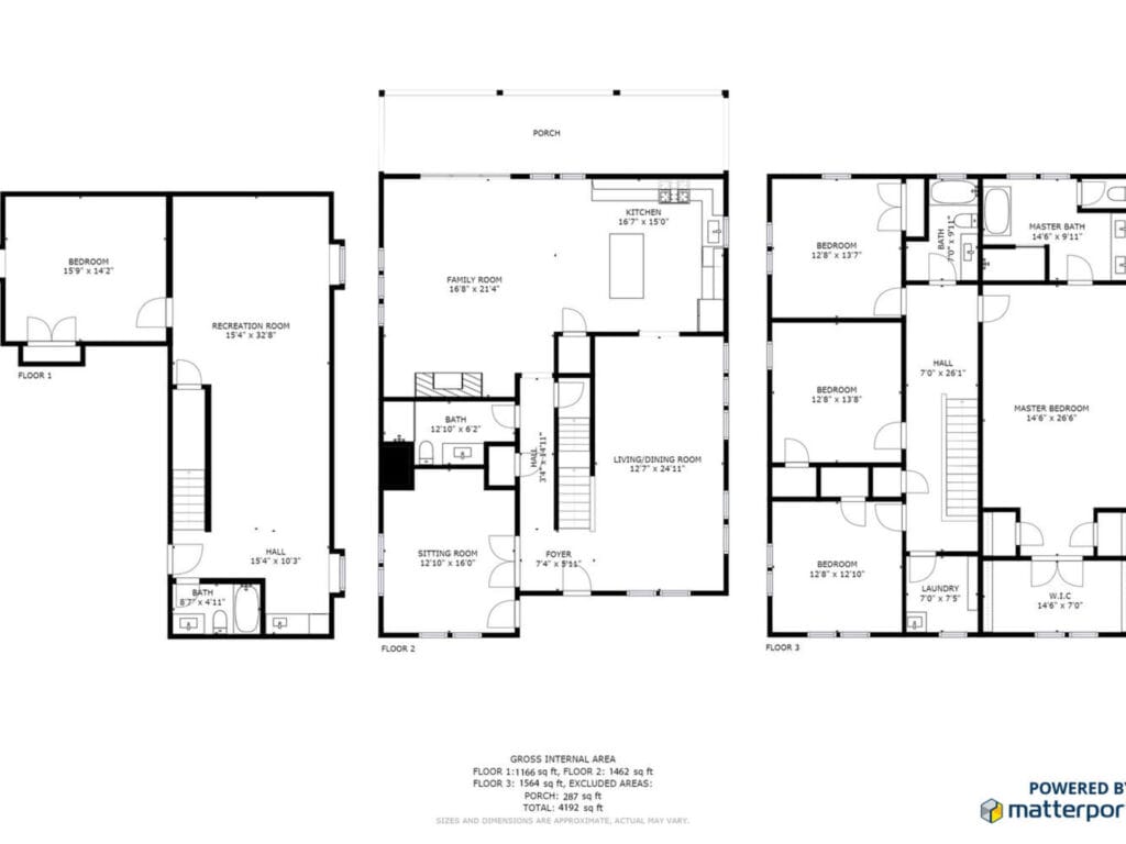 Floor plan of a three-story house featuring various rooms labeled with dimensions, including living room, kitchen, recreation room, bedrooms, bathrooms, and laundry. Stairs connect the floors, and a porch is shown on the ground level.