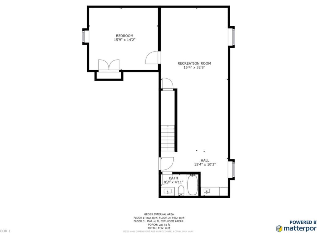 Floor plan featuring a bedroom (159 x 121), a recreation room (154 x 326), a bathroom, and a hallway. Stairs are present near the hall area. Total area is 998 sq ft.