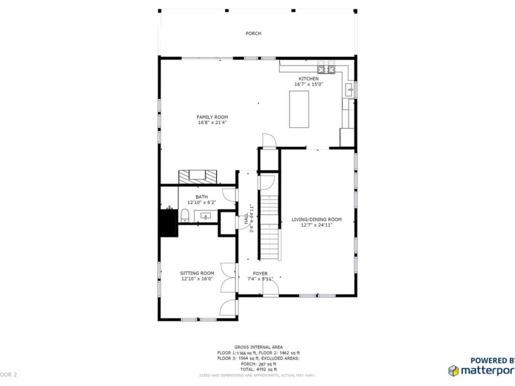 Floor plan showing a porch, kitchen, family room, living/dining room, sitting room, foyer, and a bath. Measurements are included for each area. Stairs are located near the foyer. Powered by Matterport is in the bottom right corner.