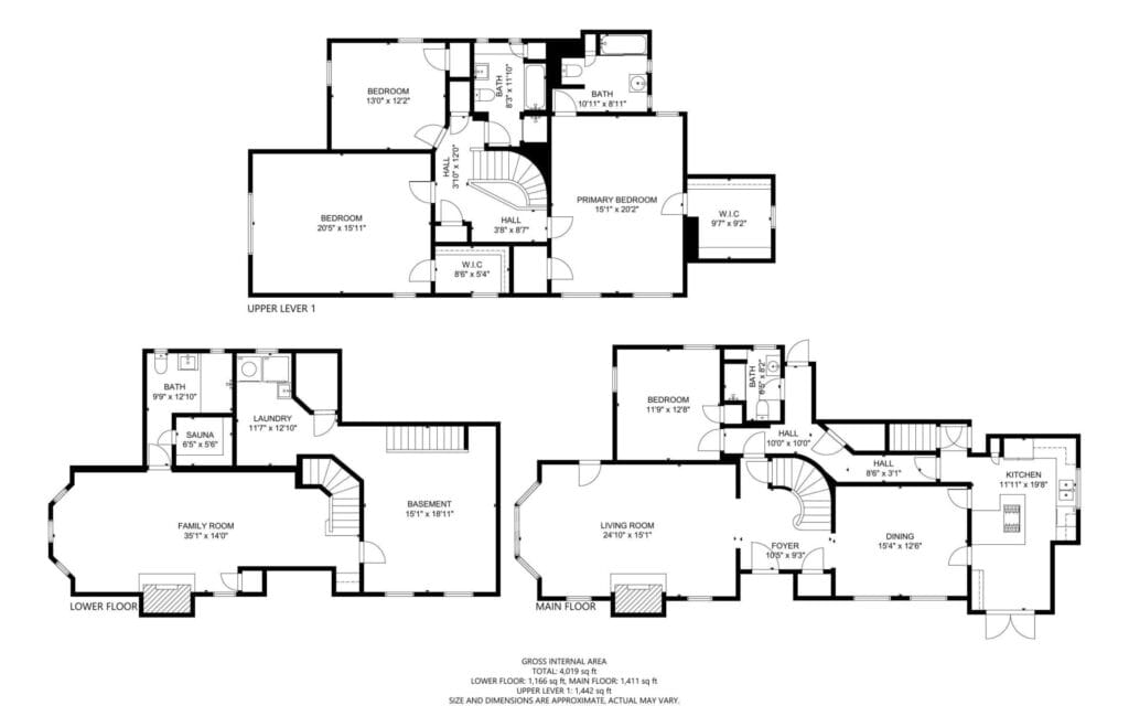 A floor plan depicting three levels of a house. The lower level has a family room and sauna, the main floor includes a living and dining area, kitchen, and porch, and the upper level contains bedrooms and bathrooms. Measurements are provided for each room.