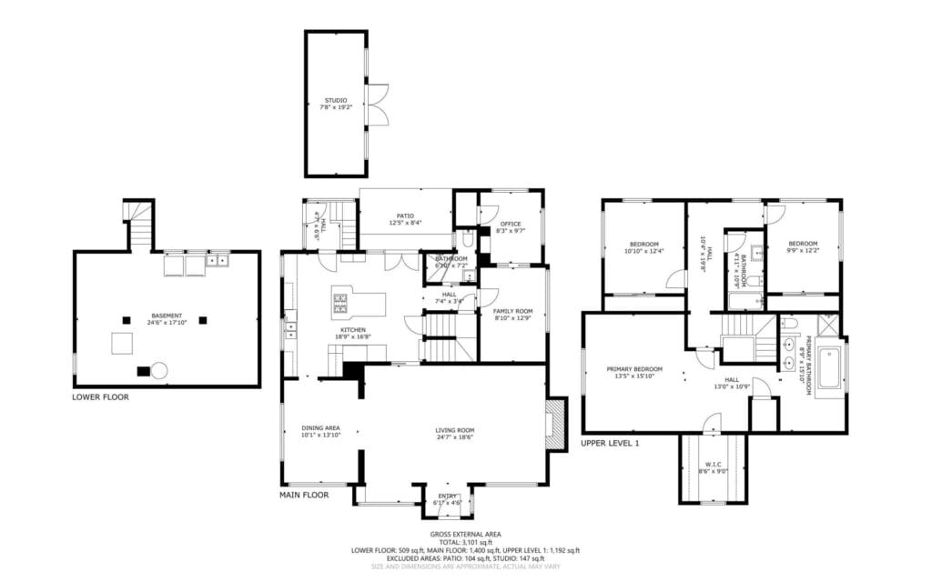 Architectural floor plan showing three levels: a lower floor with a basement, a main floor with kitchen, dining, and living areas, and an upper level with bedrooms and bathrooms. The plan includes detailed measurements for each room.