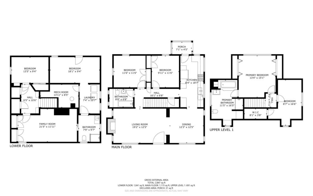 Floor plan with three levels: Lower floor has a family room, two bedrooms, laundry, and bathroom. Main floor includes a kitchen, dining and living room, two bedrooms, and a porch. Upper level 1 has a primary bedroom with ensuite and walk-in closet.