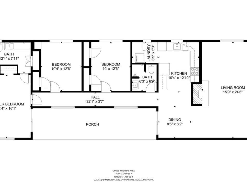 Floor plan of a house featuring a living room, dining room, kitchen, laundry area, two bathrooms, and three bedrooms. Includes labeled dimensions for each room, a central hall, and a porch at the entrance. Total internal area is 1439 sq ft.