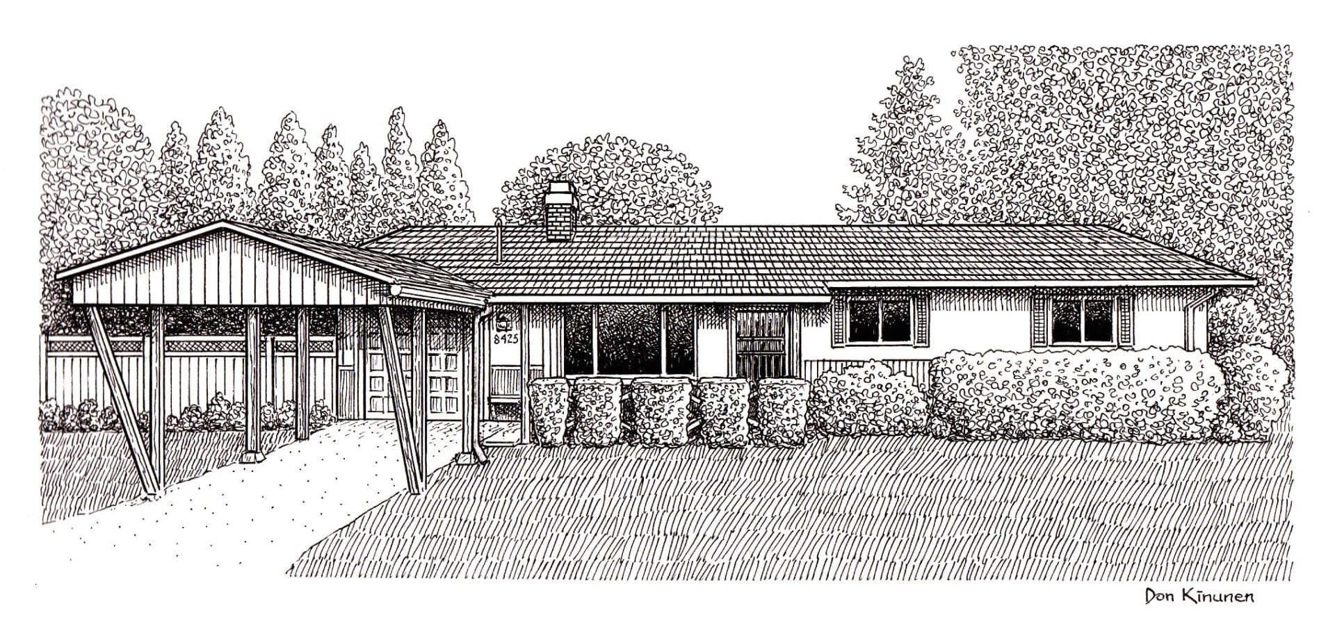 Detailed pen drawing of a single-story ranch-style house with a covered carport on the left, a chimney, and hedges in front. Surrounded by trees, the house has a tiled roof and several windows.