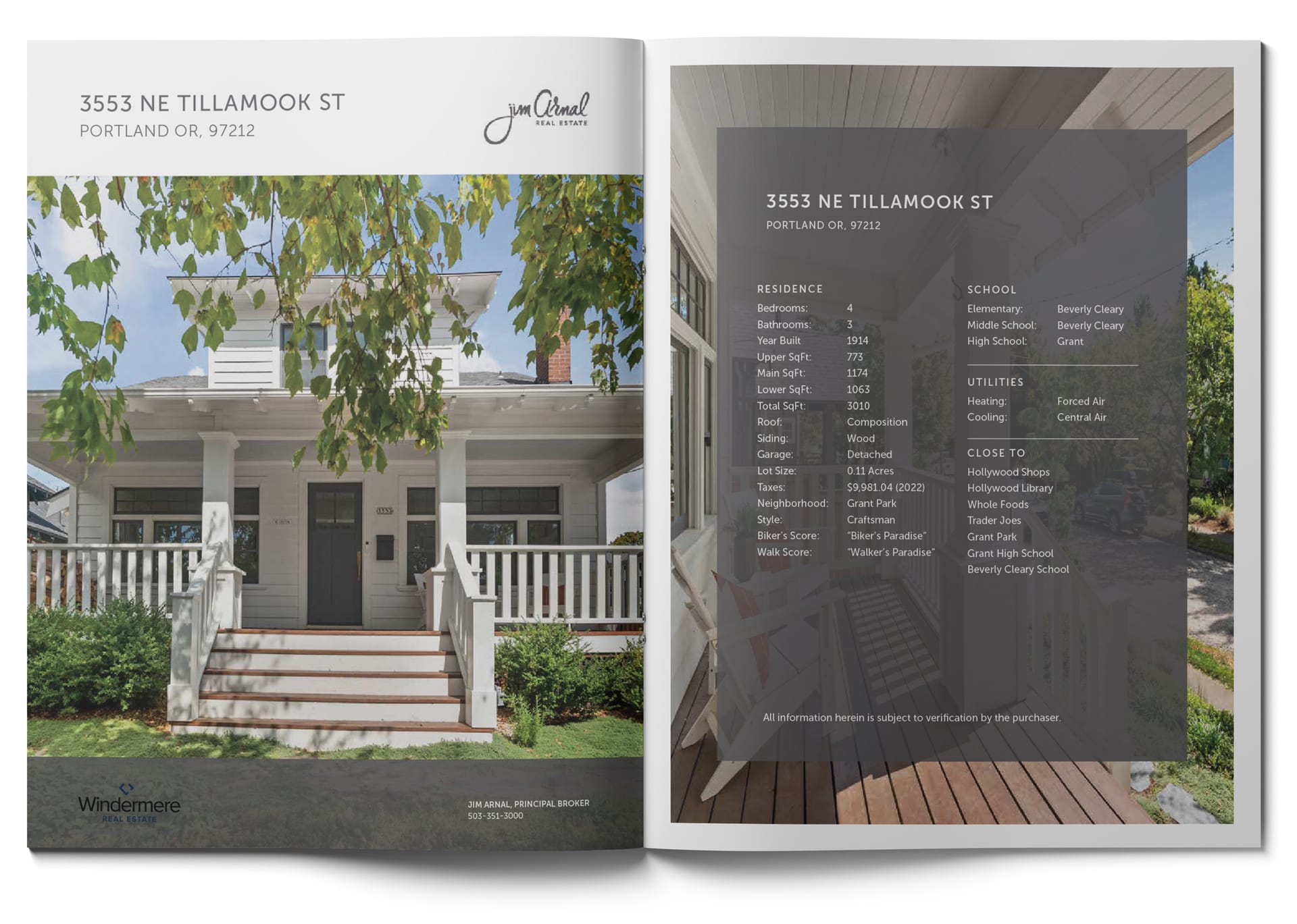 Open real estate brochure showing a white house with a front porch and tree. The left page displays a photo of the house with the address and agents name. The right page lists residence details, utilities, schools, and nearby grocery stores.