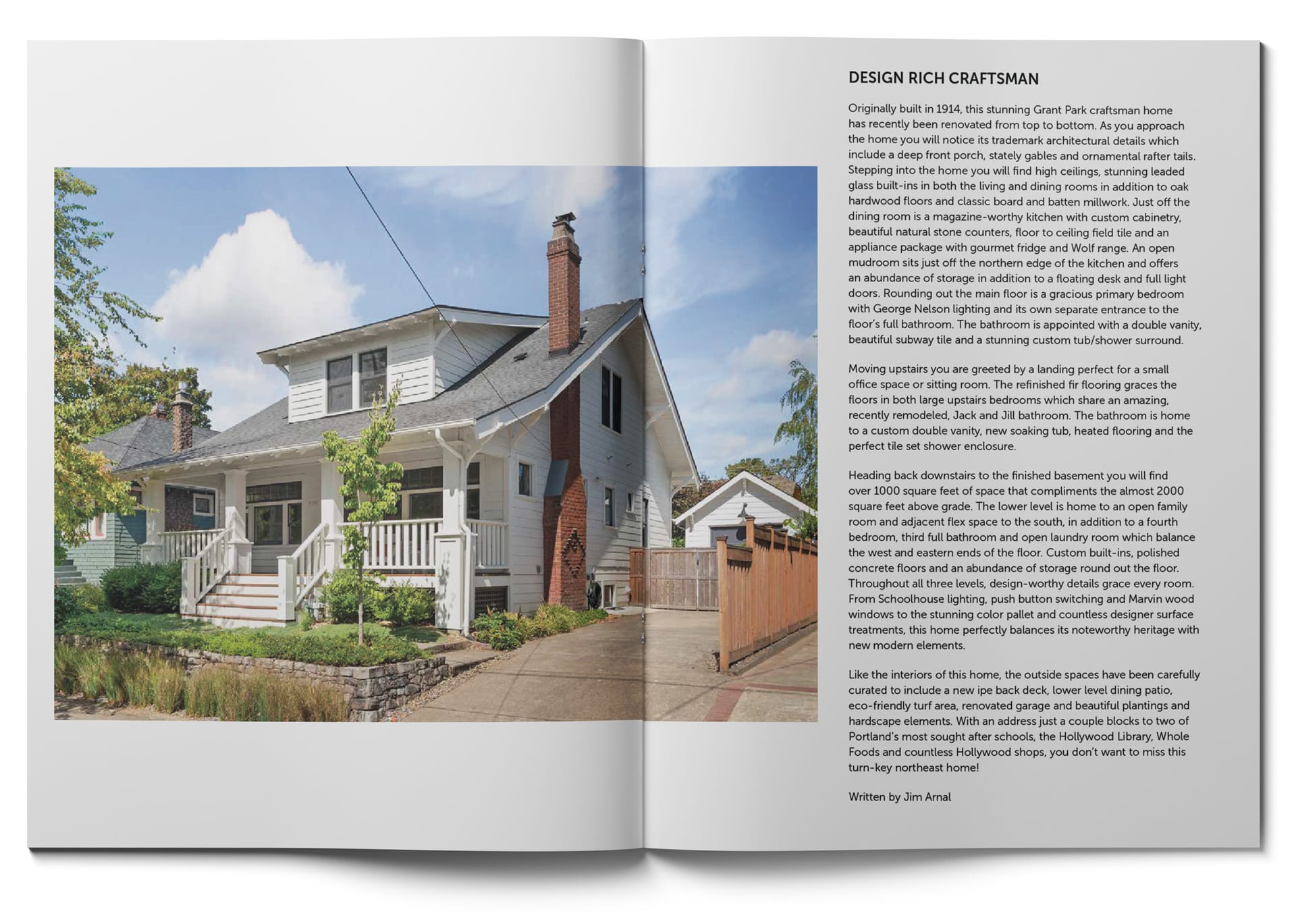 A brochure spread showcases a charming Craftsman house. The left page features an image of the house with a porch, chimney, and landscaped yard. The right page contains descriptive text about the homes design and features.