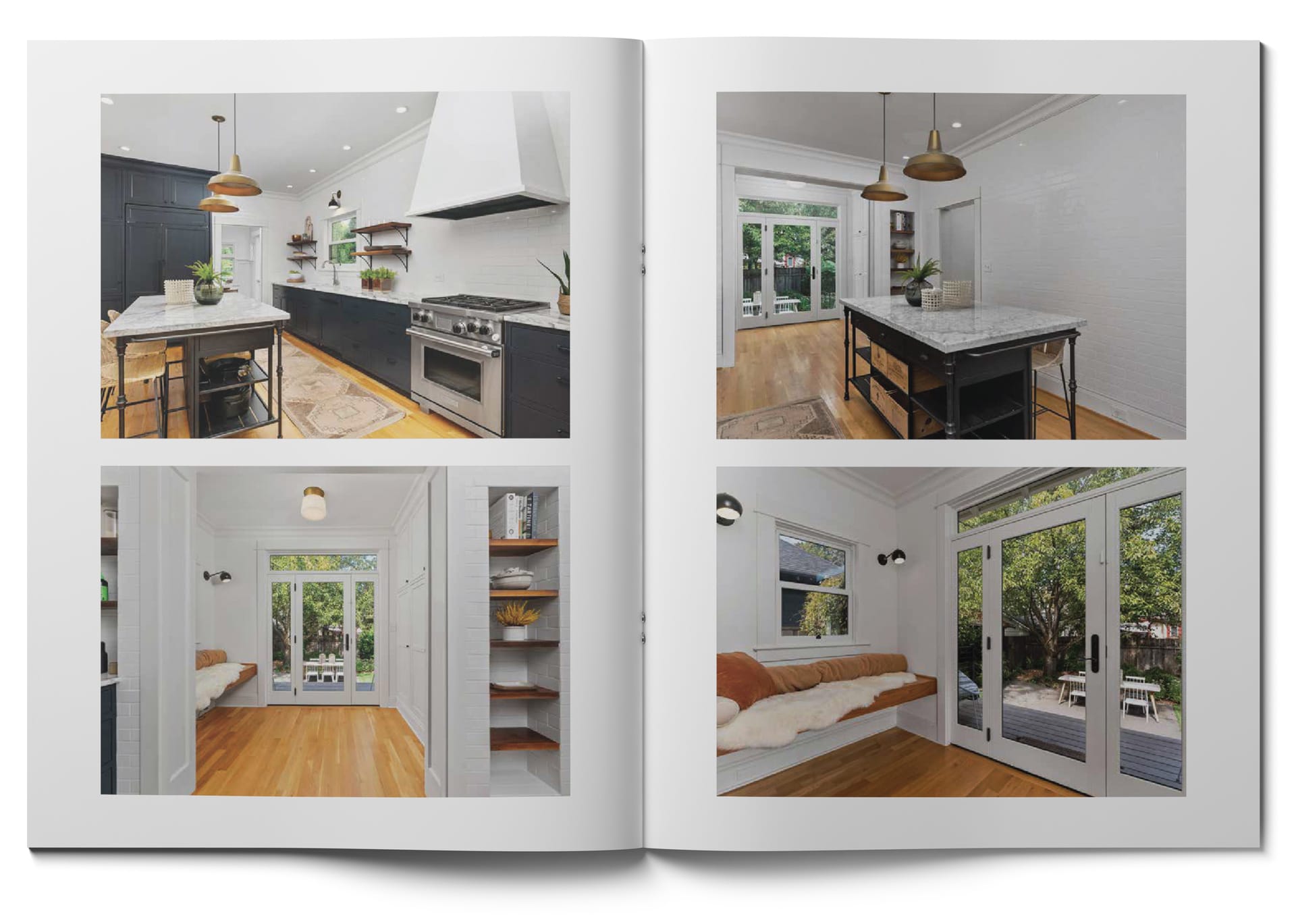 An open magazine displaying images of a modern kitchen and cozy sitting area. The kitchen features a large island, pendant lights, and stainless steel appliances. The sitting area has double doors and a comfortable sofa with a view of greenery outside.