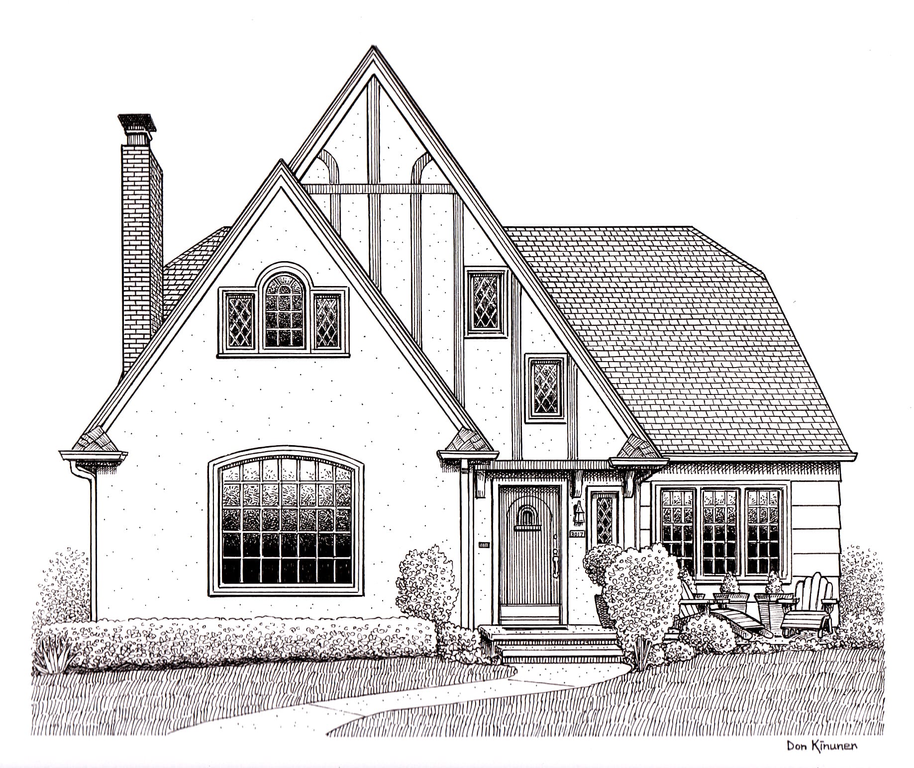 Black and white drawing of a Tudor-style house with a steep roof, large arched window, and decorative half-timbering. The front door is flanked by bushes, and theres a small porch with a railing and steps leading up to it.