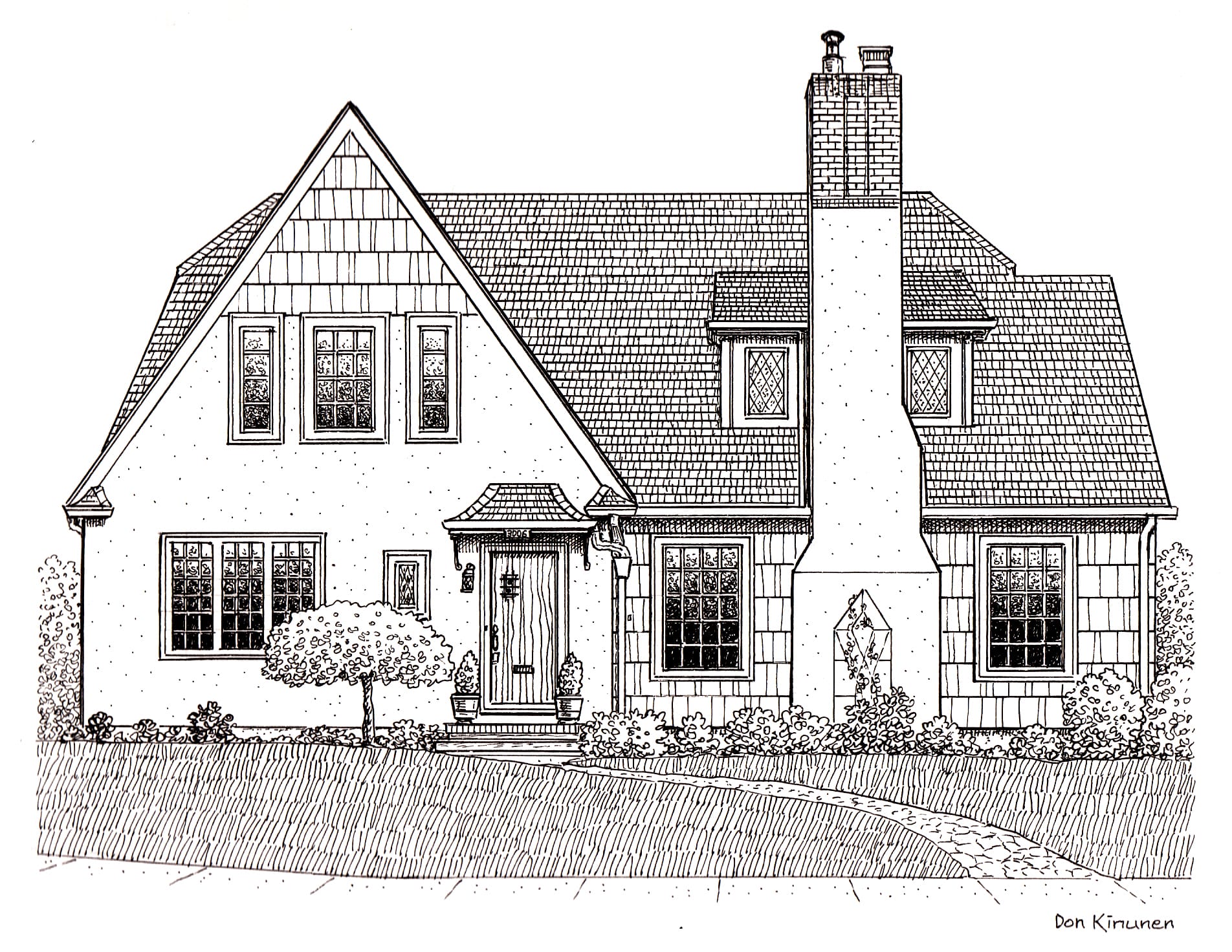 Black and white sketch of a two-story house with a steeply pitched gabled roof, wooden siding, large chimney, and a welcoming front porch. A curved path leads to the entrance, and a small tree and bushes adorn the front yard.