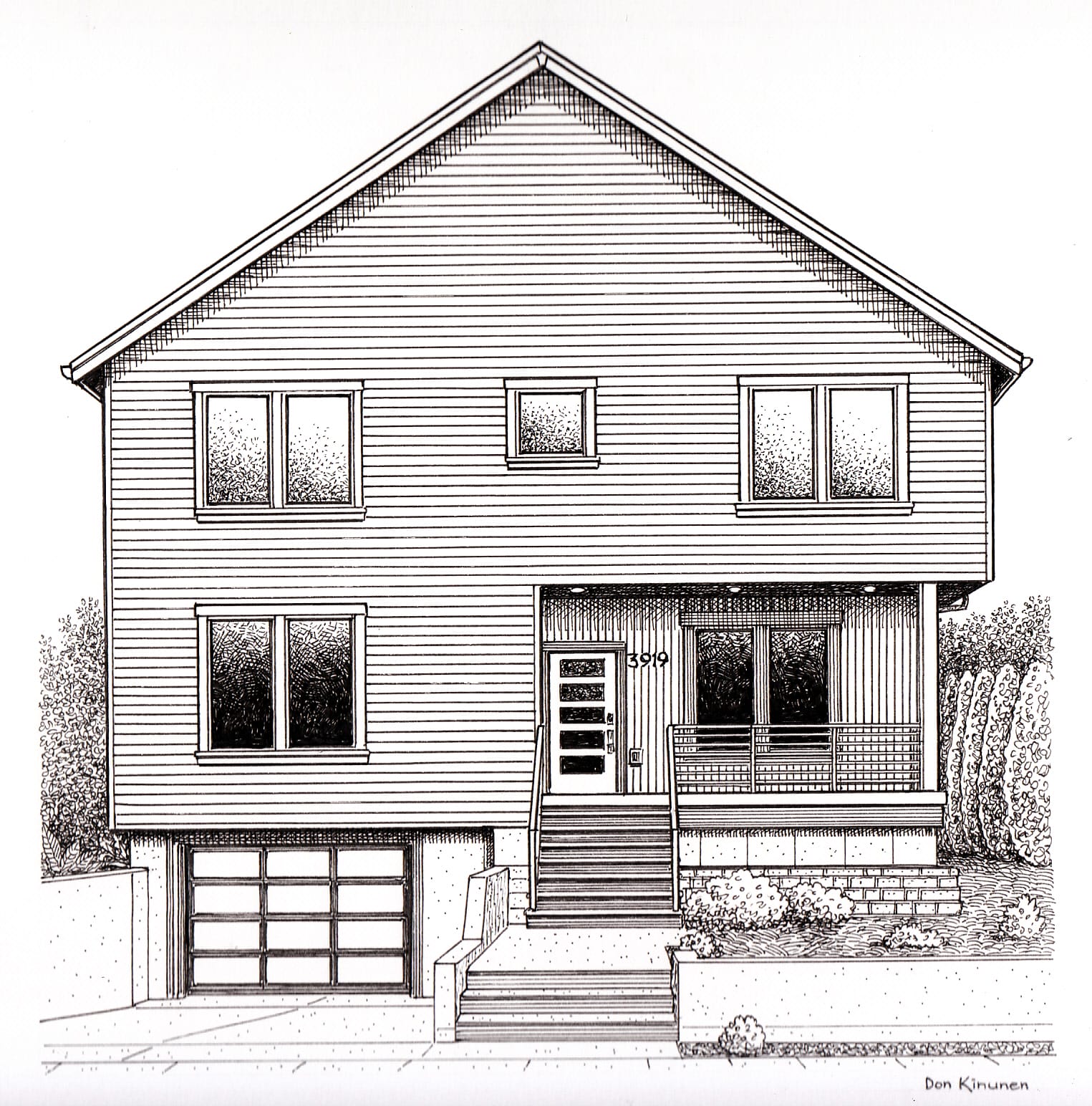 Black and white architectural drawing of a two-story house with horizontal siding, four windows, and a covered front porch. The entry has steps leading up, and theres a garage beneath. The yard features bushes and a small lawn.