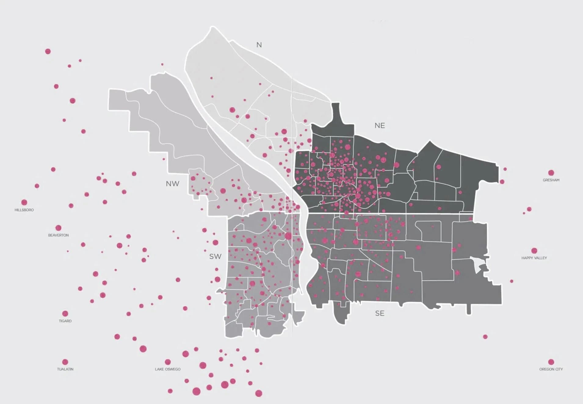 A map showcasing Portland, with northeast and southeast areas highlighted in dark gray. Pink dots, representing key data points or locations of interest, are sprinkled across the city—ideal for a Portland Buyer Real Estate Agent seeking prime spots for clients.