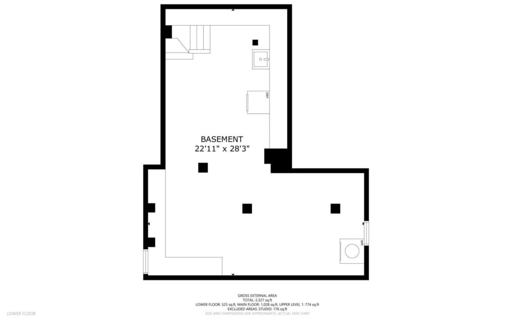 Black and white floor plan of a basement measuring 2211 by 283. Layout includes spaces for stairs, possibly a corner room, and labeled areas reflecting structural features like walls and fixtures.
