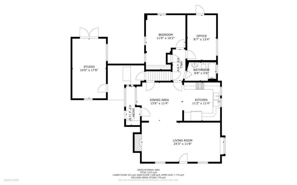 Floor plan with a living room, kitchen, dining area, bathroom, bedroom, office, and studio. Main entrance leads to living room; studio has separate entrance. Dimensions and room labels are visible.